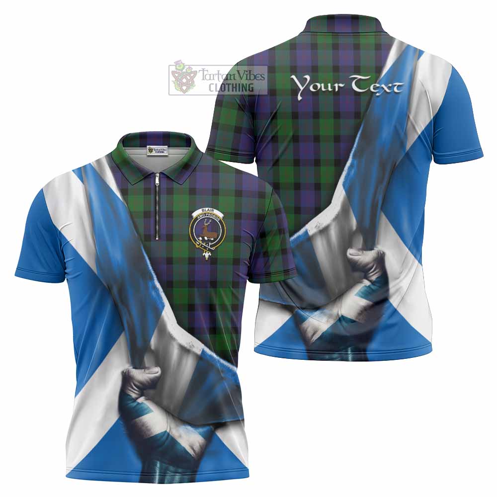 Tartan Vibes Clothing Blair Tartan Zipper Polo Shirt with Family Crest Scotland Patriotic Style