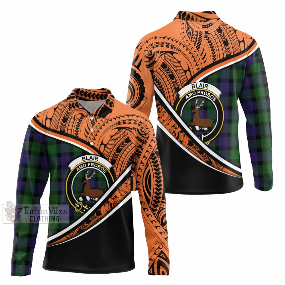 Tartan Vibes Clothing Blair Crest Tartan Long Sleeve Polo Shirt with Maori Tattoo Style - Orange Version