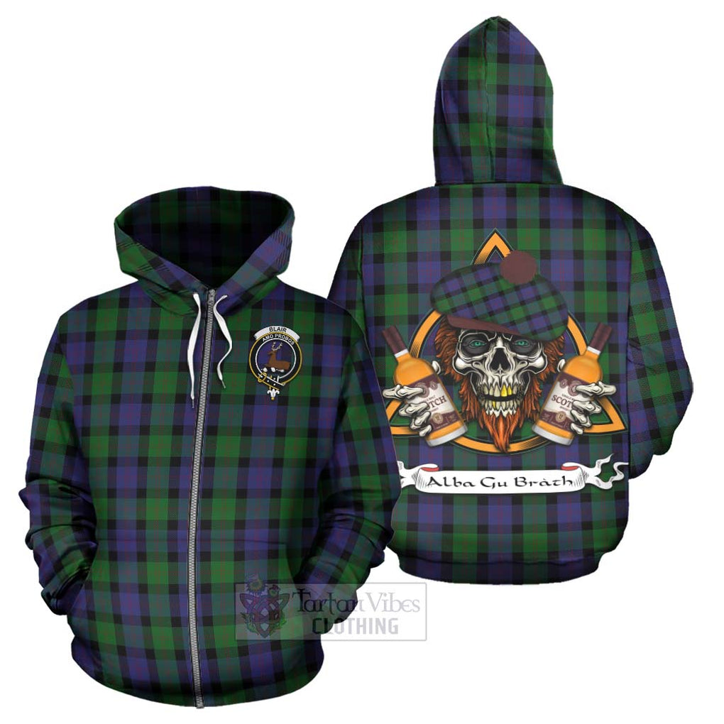 Tartan Vibes Clothing Blair Tartan Hoodie with Family Crest and Bearded Skull Holding Bottles of Whiskey