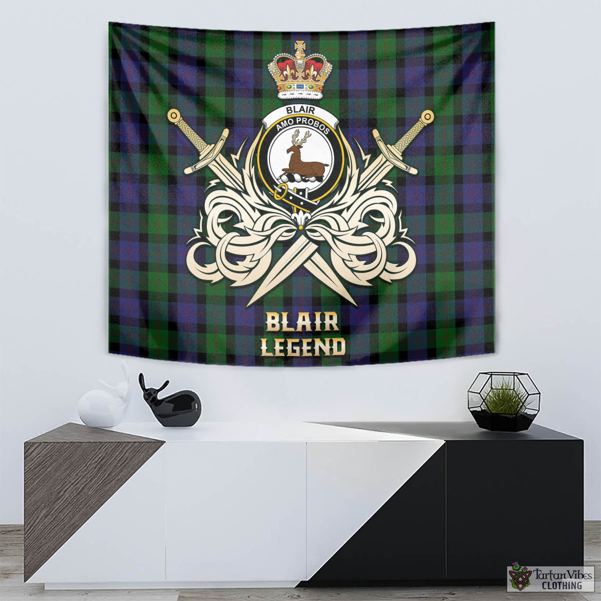 Tartan Vibes Clothing Blair Tartan Tapestry with Clan Crest and the Golden Sword of Courageous Legacy