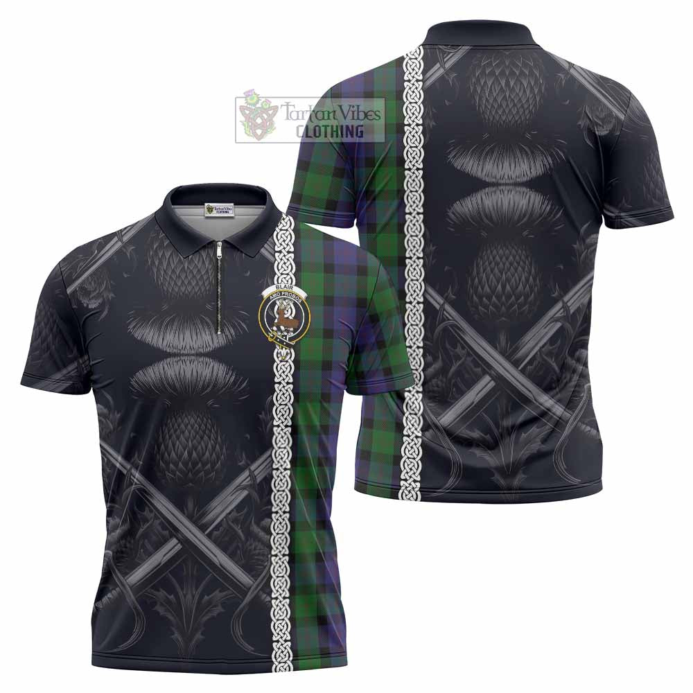 Tartan Vibes Clothing Blair Tartan Zipper Polo Shirt with Family Crest Cross Sword Thistle Celtic Vibes