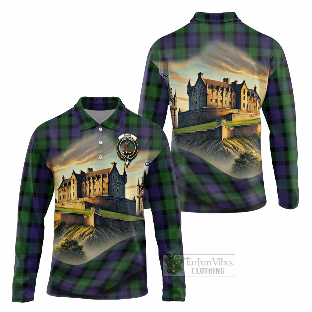 Blair Tartan Family Crest Long Sleeve Polo Shirt with Scottish Ancient Castle Style - Tartan Vibes Clothing