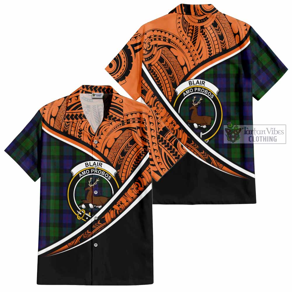 Tartan Vibes Clothing Blair Crest Tartan Short Sleeve Button Shirt with Maori Tattoo Style - Orange Version