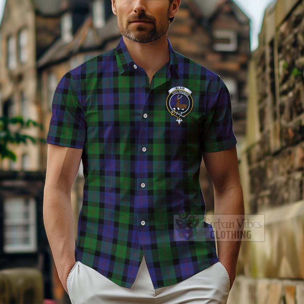 Tartan Vibes Clothing Blair Tartan Short Sleeve Button Shirt with Family Crest Celtic Skull Style