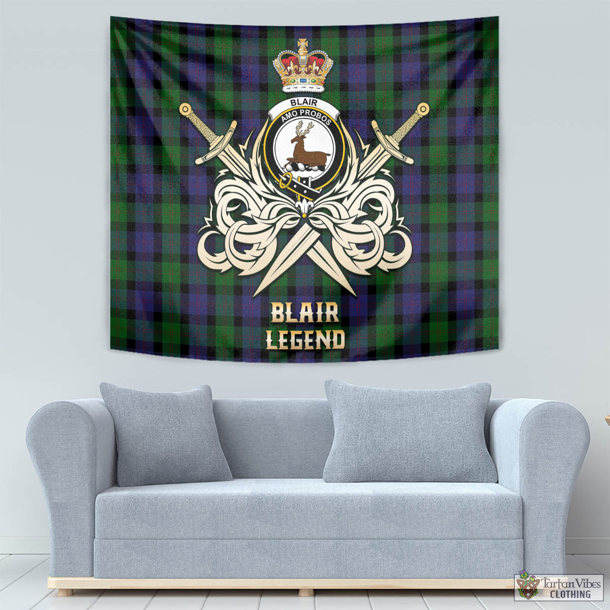 Tartan Vibes Clothing Blair Tartan Tapestry with Clan Crest and the Golden Sword of Courageous Legacy