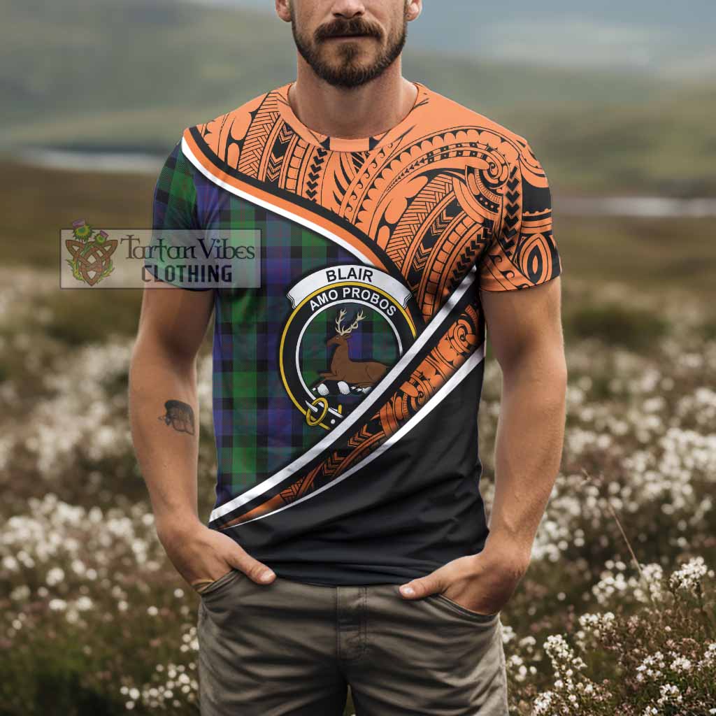 Tartan Vibes Clothing Blair Crest Tartan T-Shirt with Maori Tattoo Style - Orange Version