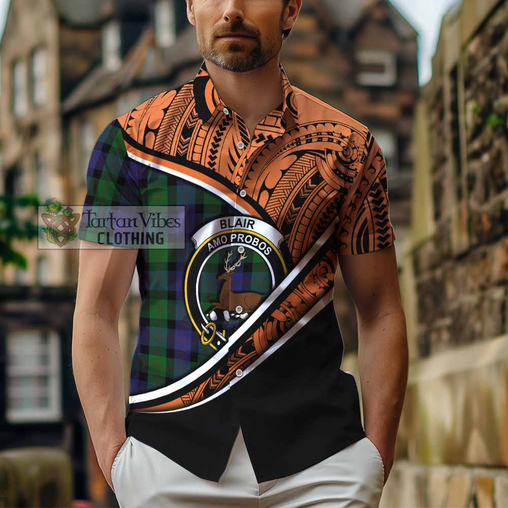 Tartan Vibes Clothing Blair Crest Tartan Short Sleeve Button Shirt with Maori Tattoo Style - Orange Version