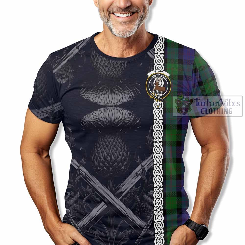 Tartan Vibes Clothing Blair Tartan T-Shirt with Family Crest Cross Sword Thistle Celtic Vibes