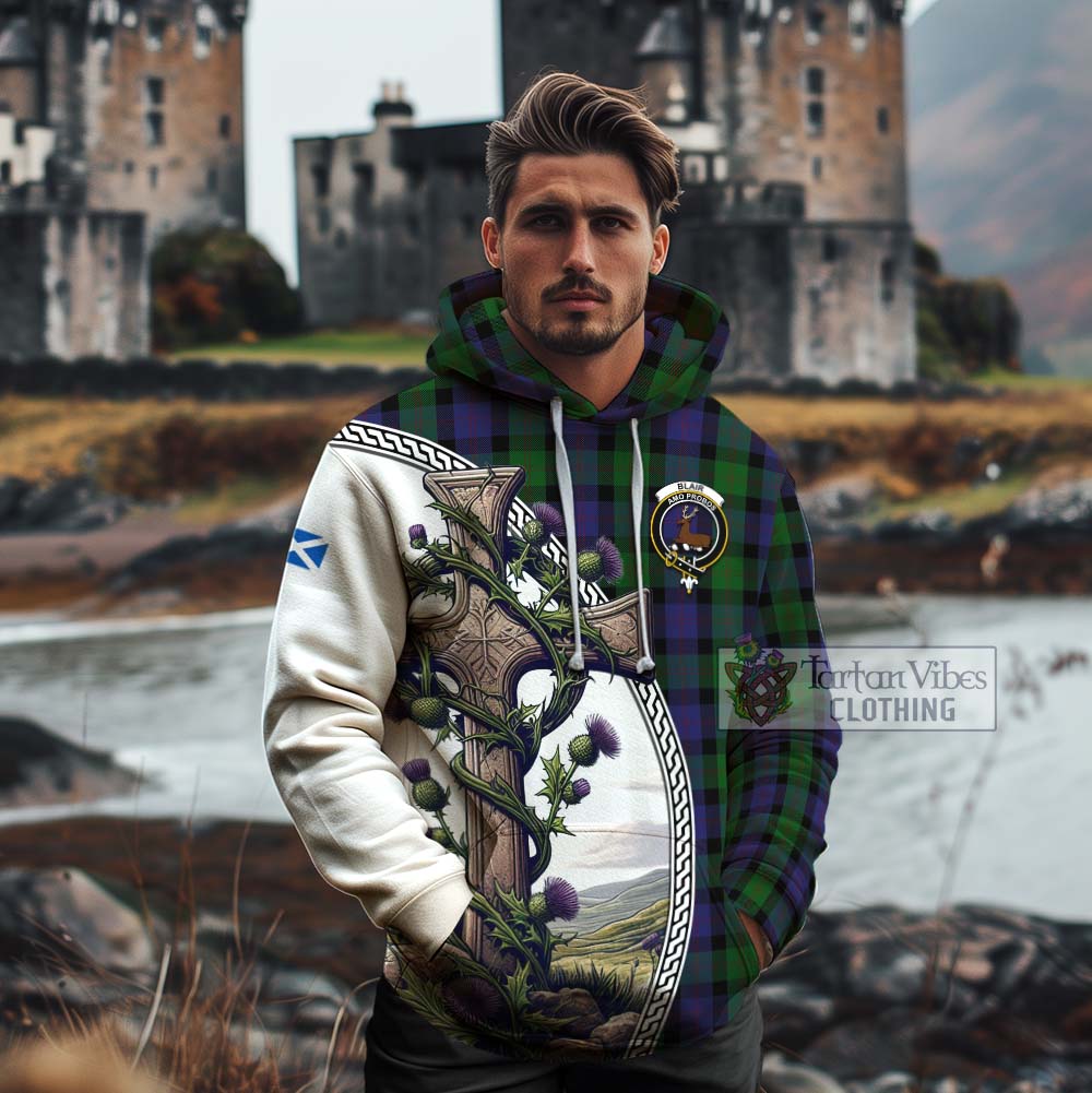 Tartan Vibes Clothing Blair Tartan Cotton Hoodie with Family Crest and St. Andrew's Cross Accented by Thistle Vines