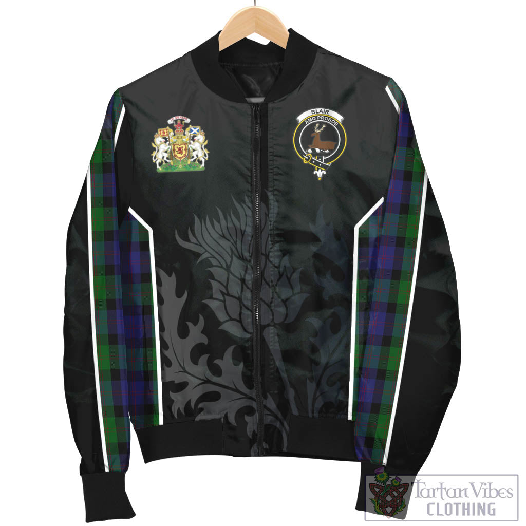 Tartan Vibes Clothing Blair Tartan Bomber Jacket with Family Crest and Scottish Thistle Vibes Sport Style