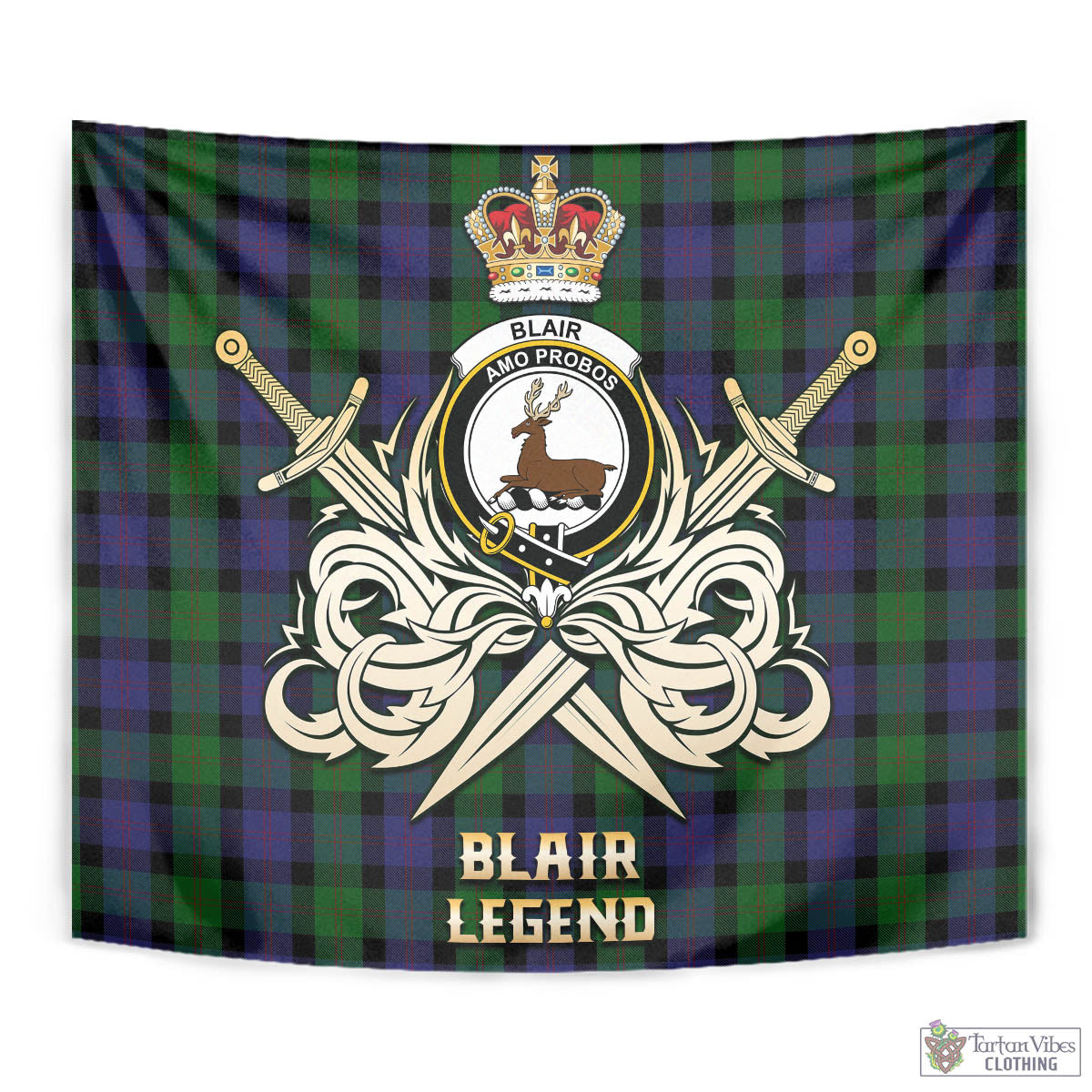 Tartan Vibes Clothing Blair Tartan Tapestry with Clan Crest and the Golden Sword of Courageous Legacy