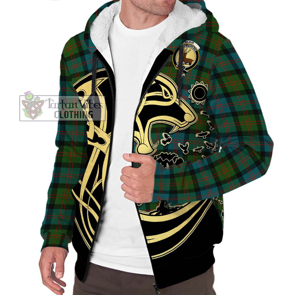 Blair Ancient Tartan Sherpa Hoodie with Family Crest Celtic Wolf Style Unisex S - Tartan Vibes Clothing