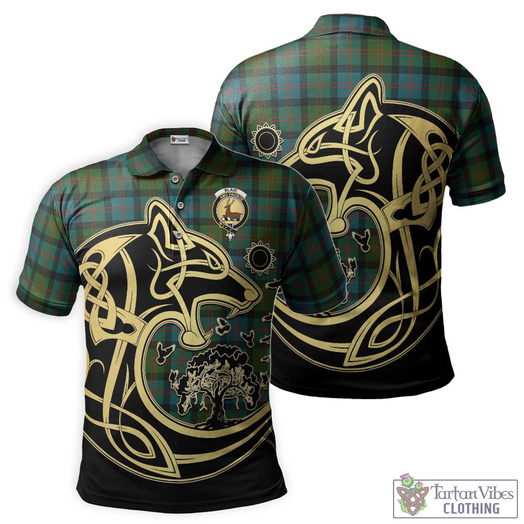 Tartan Vibes Clothing Blair Ancient Tartan Polo Shirt with Family Crest Celtic Wolf Style