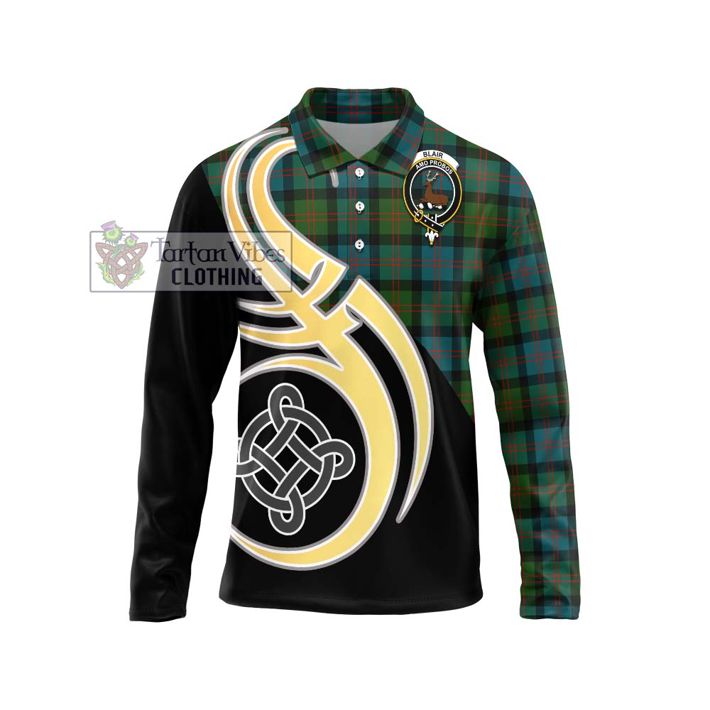 Blair Ancient Tartan Long Sleeve Polo Shirt with Family Crest and Celtic Symbol Style Unisex - Tartan Vibes Clothing