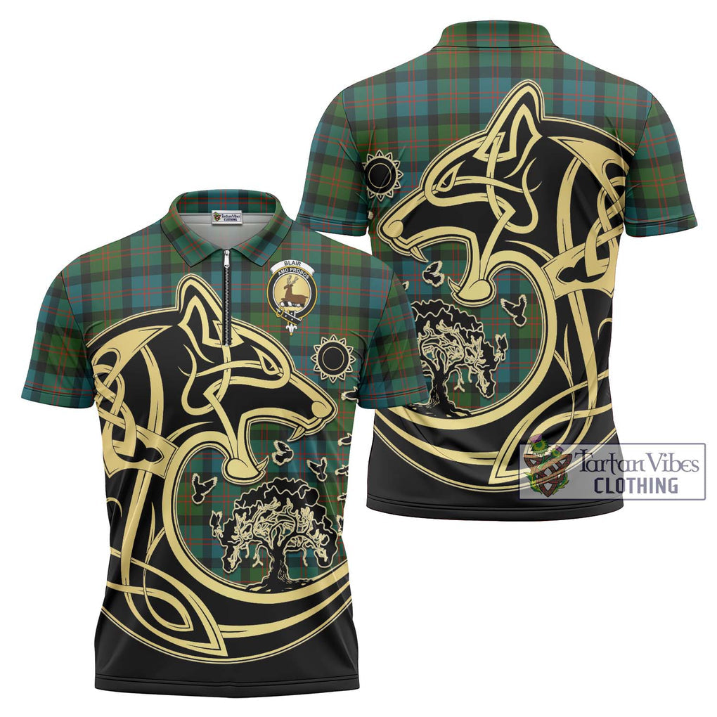 Blair Ancient Tartan Zipper Polo Shirt with Family Crest Celtic Wolf Style Unisex - Tartanvibesclothing Shop