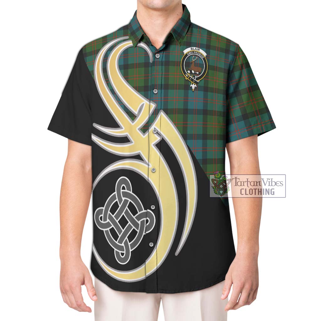 Blair Ancient Tartan Short Sleeve Button Shirt with Family Crest and Celtic Symbol Style Kid - Tartan Vibes Clothing