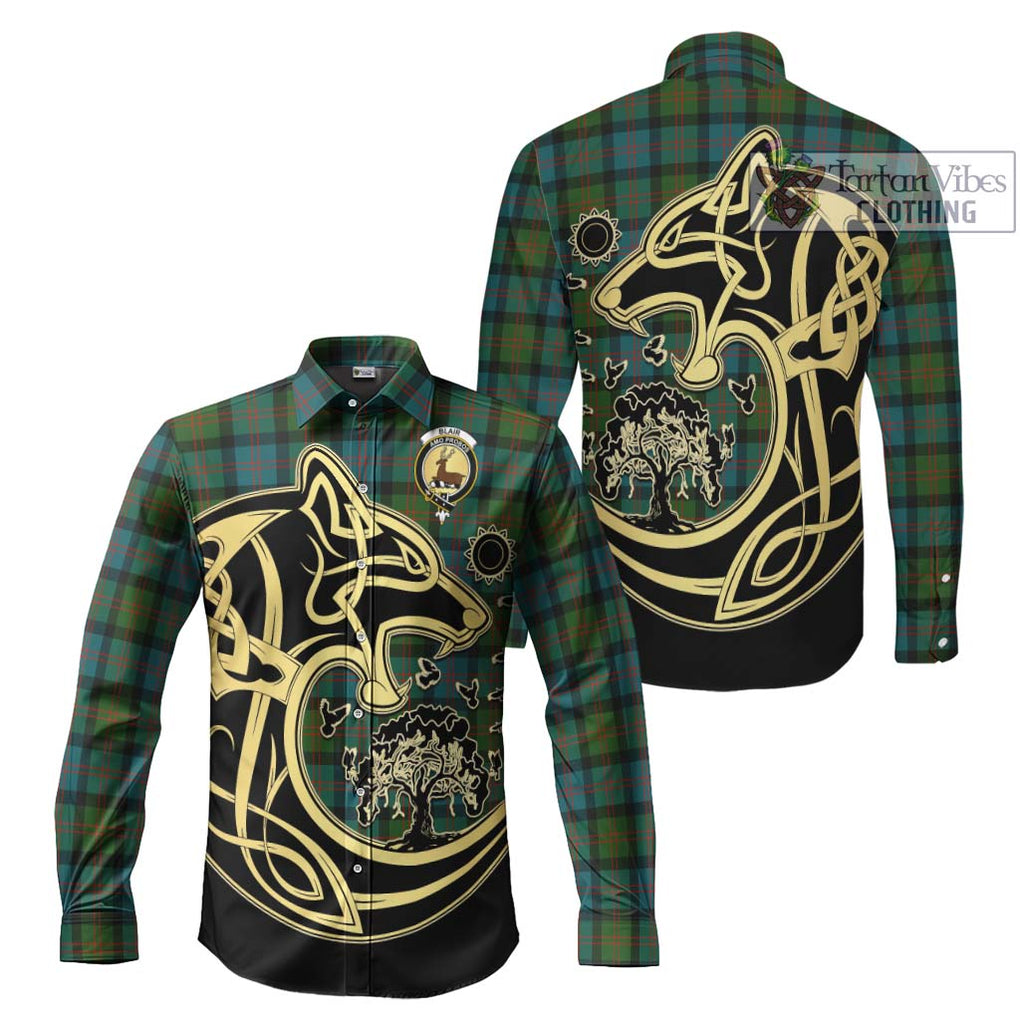 Blair Ancient Tartan Long Sleeve Button Shirt with Family Crest Celtic Wolf Style Men's Shirt S - Tartan Vibes Clothing