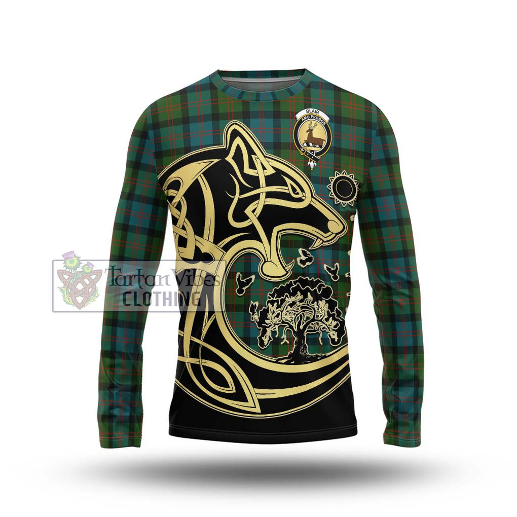 Blair Ancient Tartan Long Sleeve T-Shirt with Family Crest Celtic Wolf Style Unisex - Tartan Vibes Clothing