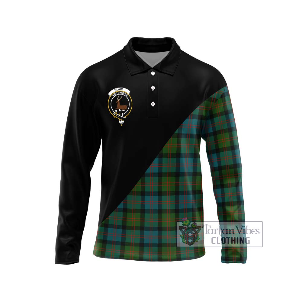 Blair Ancient Tartan Long Sleeve Polo Shirt with Family Crest and Military Logo Style Unisex - Tartanvibesclothing Shop