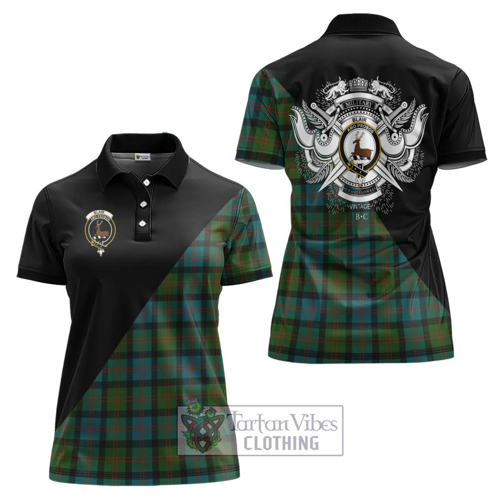 Blair Ancient Tartan Women's Polo Shirt with Family Crest and Military Logo Style Women - Tartanvibesclothing Shop