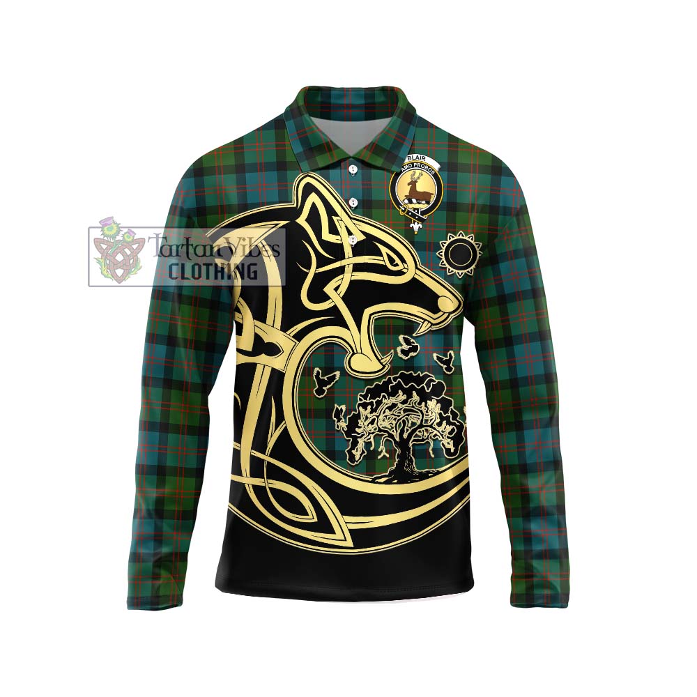 Blair Ancient Tartan Long Sleeve Polo Shirt with Family Crest Celtic Wolf Style Unisex - Tartanvibesclothing Shop