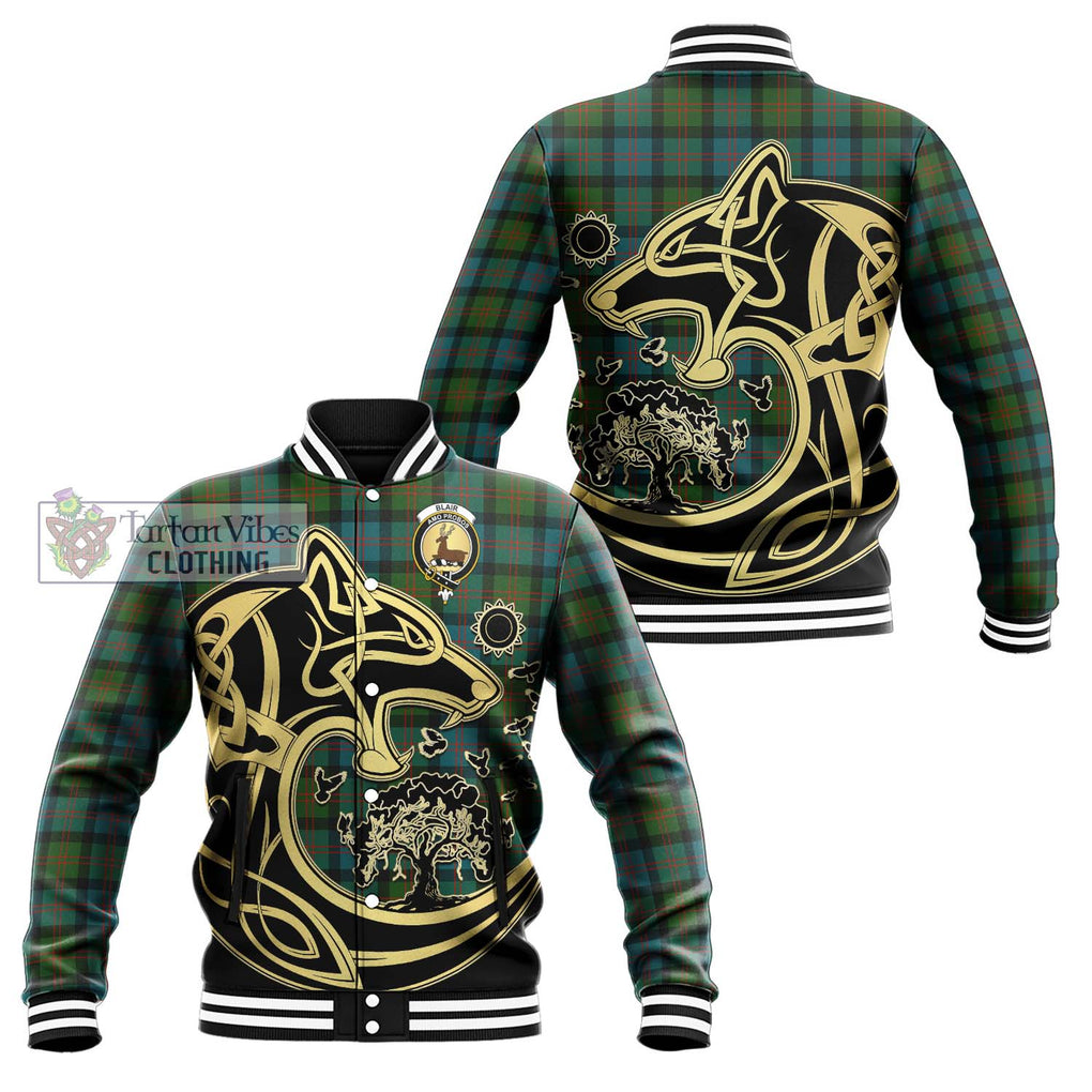 Blair Ancient Tartan Baseball Jacket with Family Crest Celtic Wolf Style Unisex - Tartan Vibes Clothing