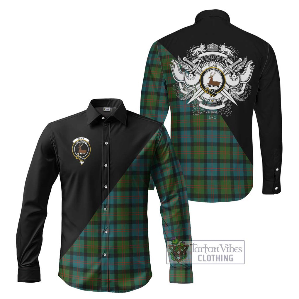 Blair Ancient Tartan Long Sleeve Button Shirt with Family Crest and Military Logo Style Men's Shirt S - Tartanvibesclothing Shop