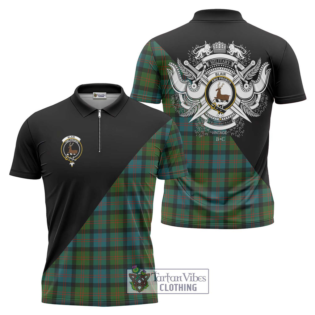 Blair Ancient Tartan Zipper Polo Shirt with Family Crest and Military Logo Style Unisex - Tartanvibesclothing Shop