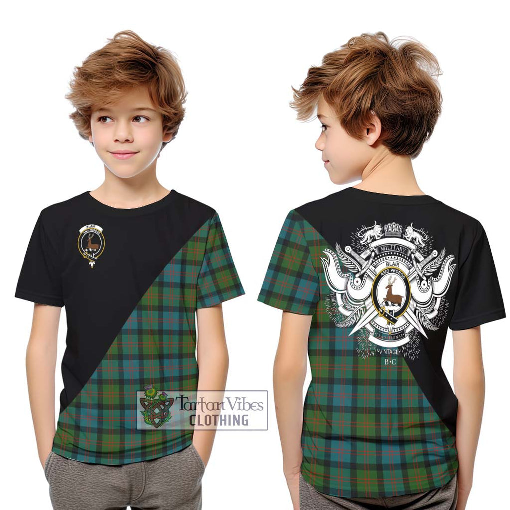 Blair Ancient Tartan Kid T-Shirt with Family Crest and Military Logo Style Youth XL Size14 - Tartanvibesclothing Shop