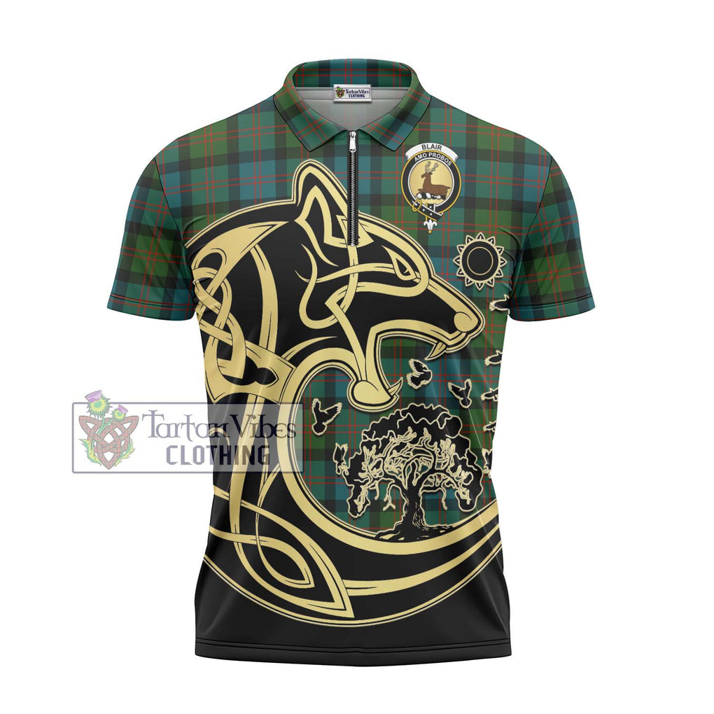 Blair Ancient Tartan Zipper Polo Shirt with Family Crest Celtic Wolf Style - Tartanvibesclothing Shop