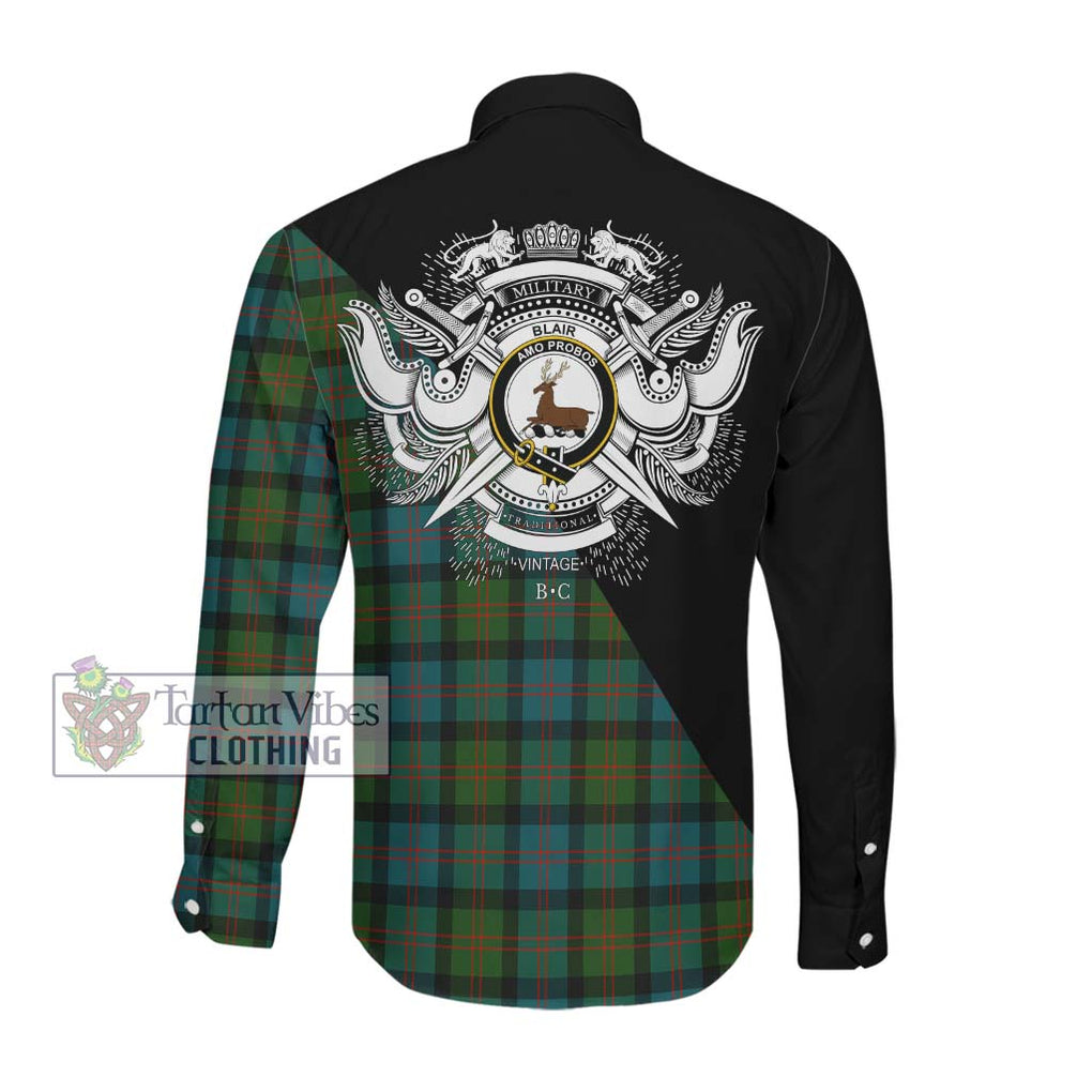 Blair Ancient Tartan Long Sleeve Button Shirt with Family Crest and Military Logo Style Men's Shirt - Tartanvibesclothing Shop