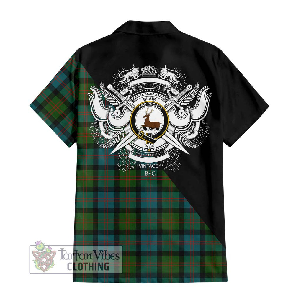 Blair Ancient Tartan Short Sleeve Button Shirt with Family Crest and Military Logo Style - Tartanvibesclothing Shop