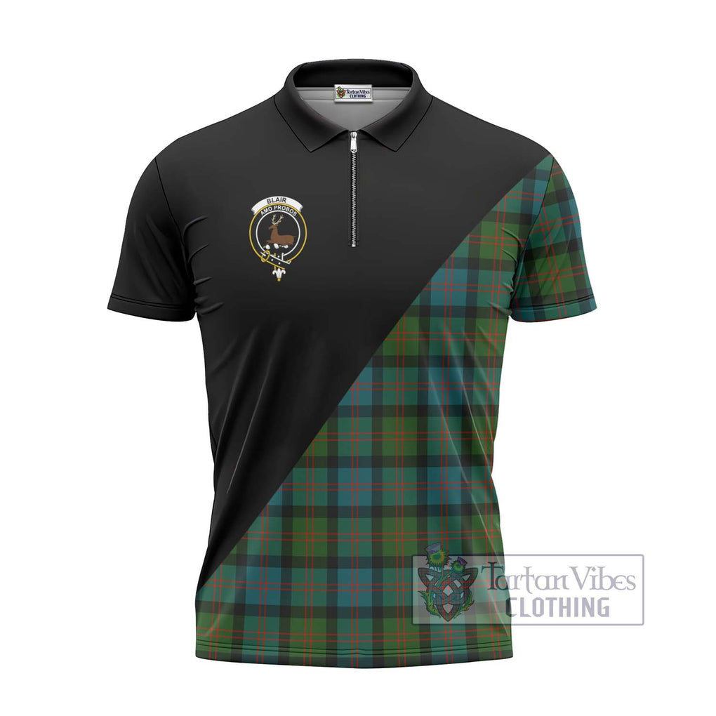 Blair Ancient Tartan Zipper Polo Shirt with Family Crest and Military Logo Style - Tartanvibesclothing Shop