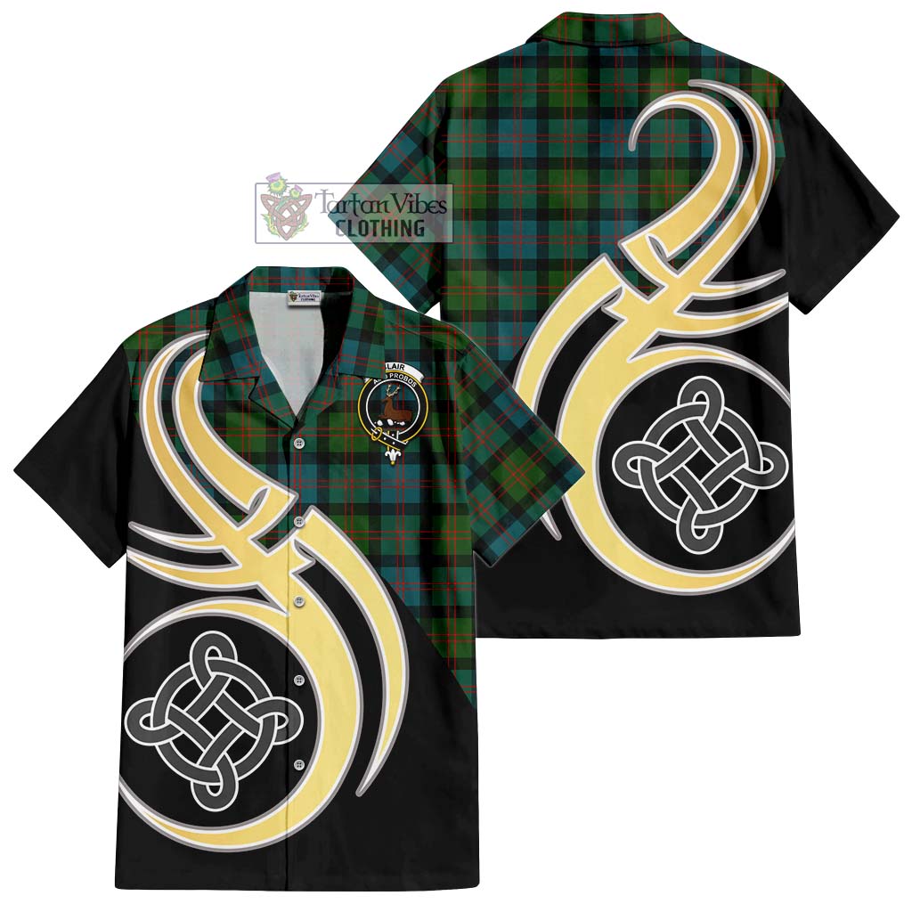 Blair Ancient Tartan Short Sleeve Button Shirt with Family Crest and Celtic Symbol Style - Tartan Vibes Clothing