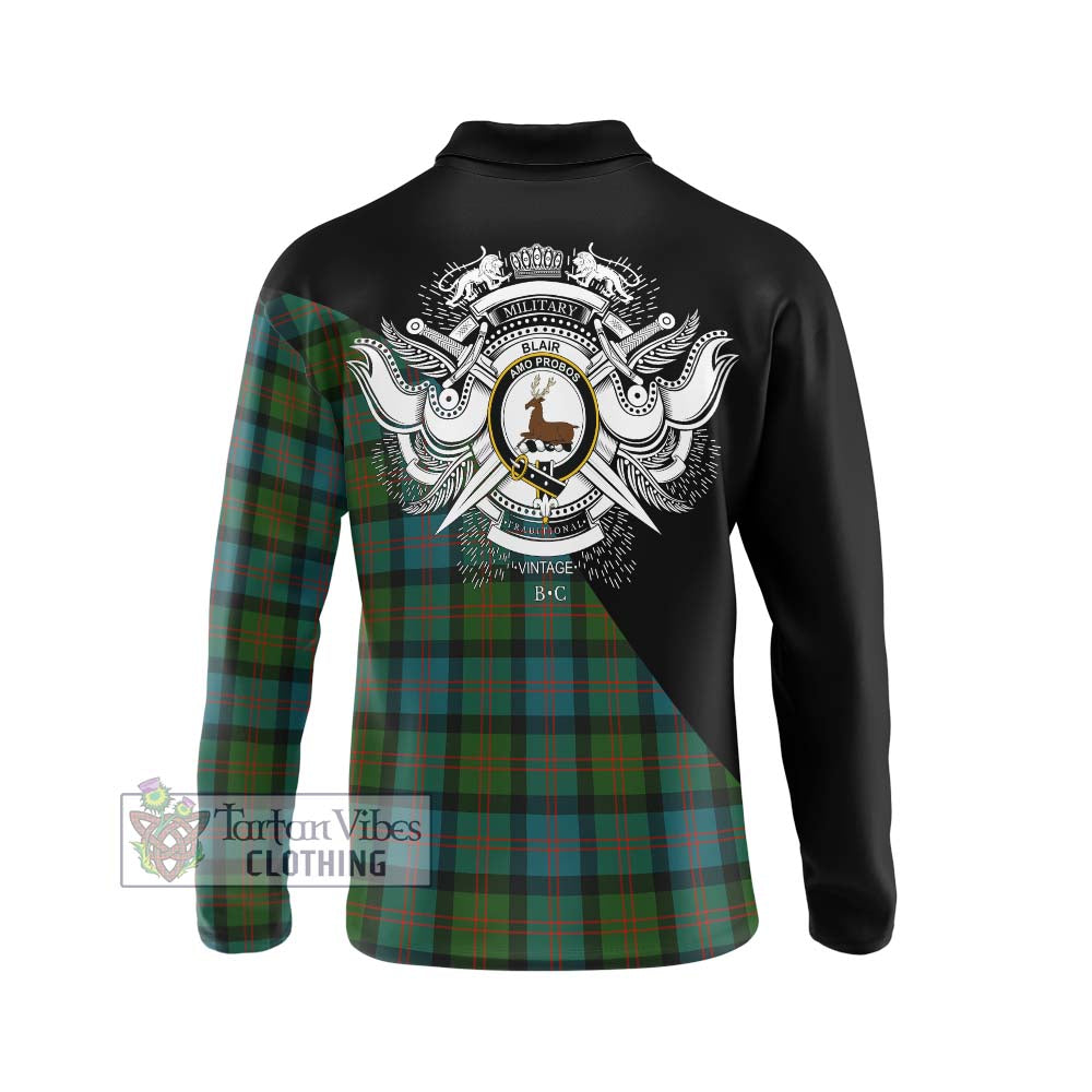 Blair Ancient Tartan Long Sleeve Polo Shirt with Family Crest and Military Logo Style - Tartanvibesclothing Shop