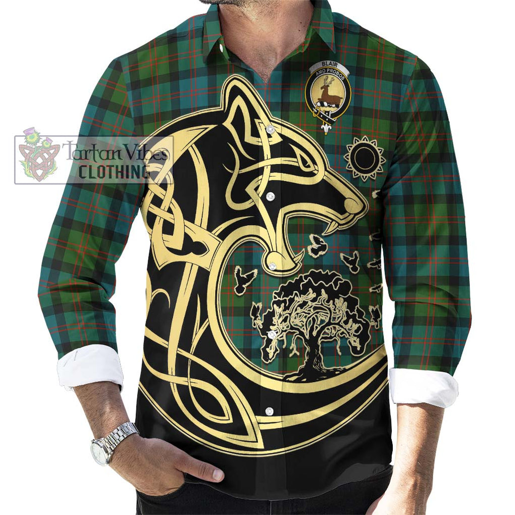 Blair Ancient Tartan Long Sleeve Button Shirt with Family Crest Celtic Wolf Style - Tartan Vibes Clothing