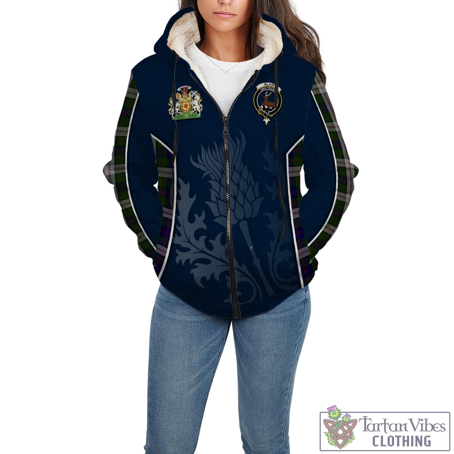 Tartan Vibes Clothing Blair Dress Tartan Sherpa Hoodie with Family Crest and Scottish Thistle Vibes Sport Style