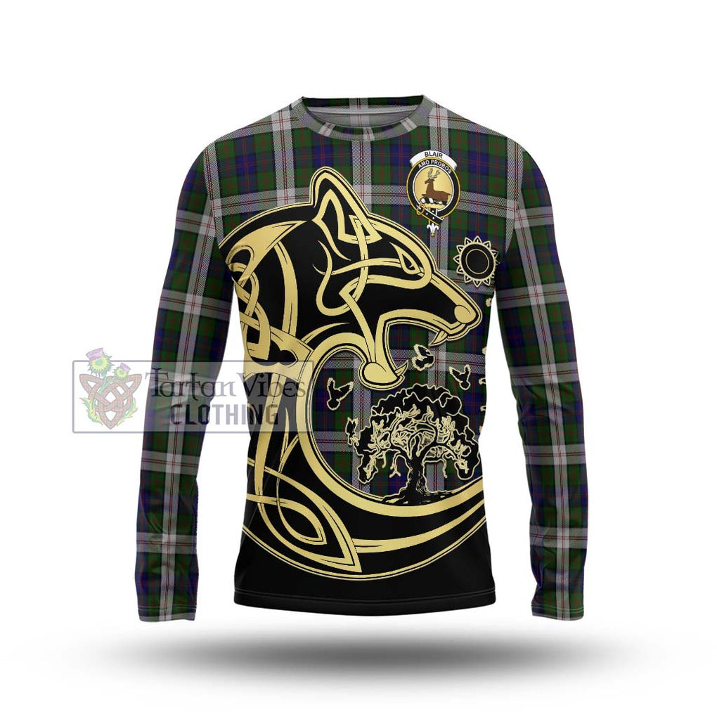 Blair Dress Tartan Long Sleeve T-Shirt with Family Crest Celtic Wolf Style Unisex - Tartan Vibes Clothing