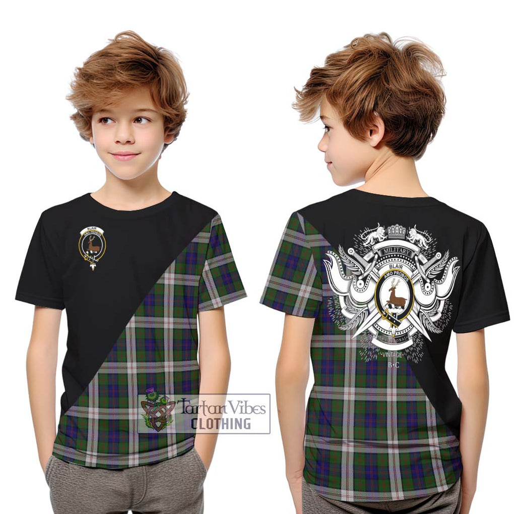 Blair Dress Tartan Kid T-Shirt with Family Crest and Military Logo Style Youth XL Size14 - Tartanvibesclothing Shop