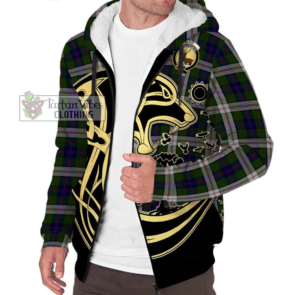 Blair Dress Tartan Sherpa Hoodie with Family Crest Celtic Wolf Style Unisex S - Tartan Vibes Clothing