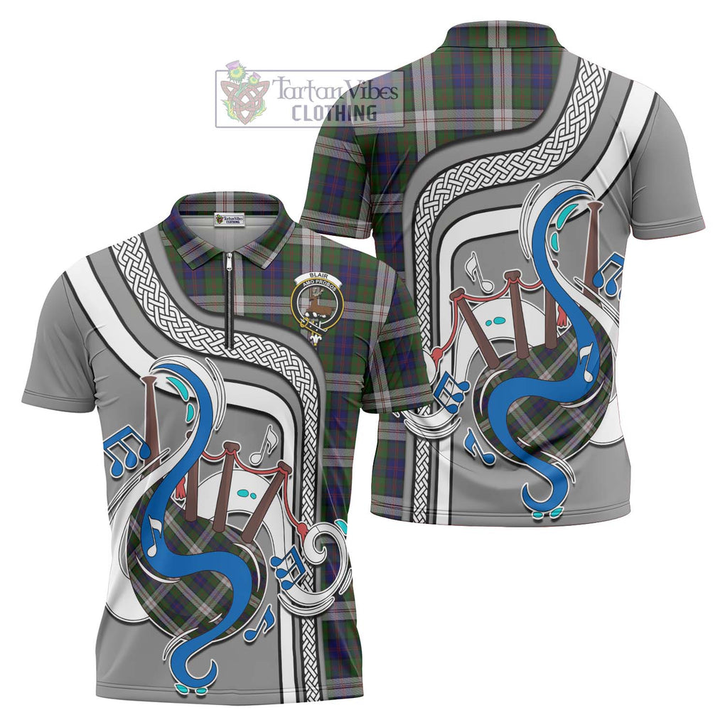 Blair Dress Tartan Zipper Polo Shirt with Epic Bagpipe Style Unisex - Tartanvibesclothing Shop