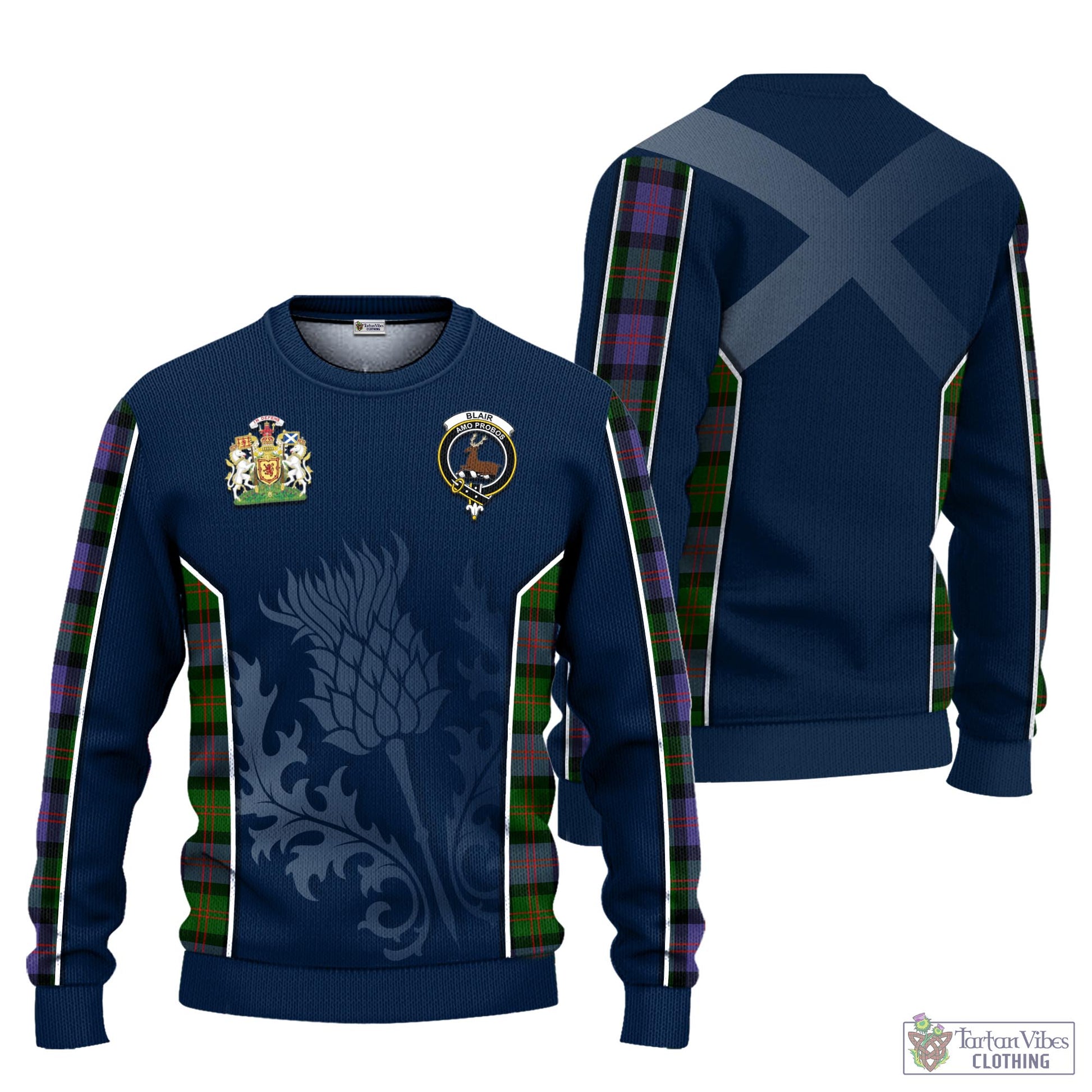 Tartan Vibes Clothing Blair Modern Tartan Knitted Sweatshirt with Family Crest and Scottish Thistle Vibes Sport Style