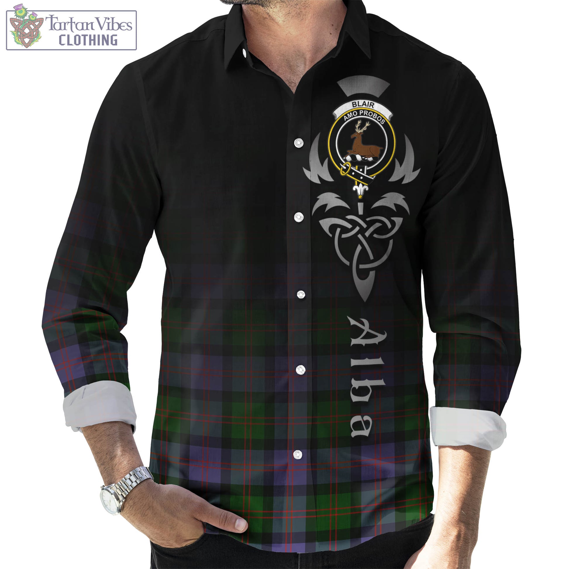 Tartan Vibes Clothing Blair Modern Tartan Long Sleeve Button Up Featuring Alba Gu Brath Family Crest Celtic Inspired