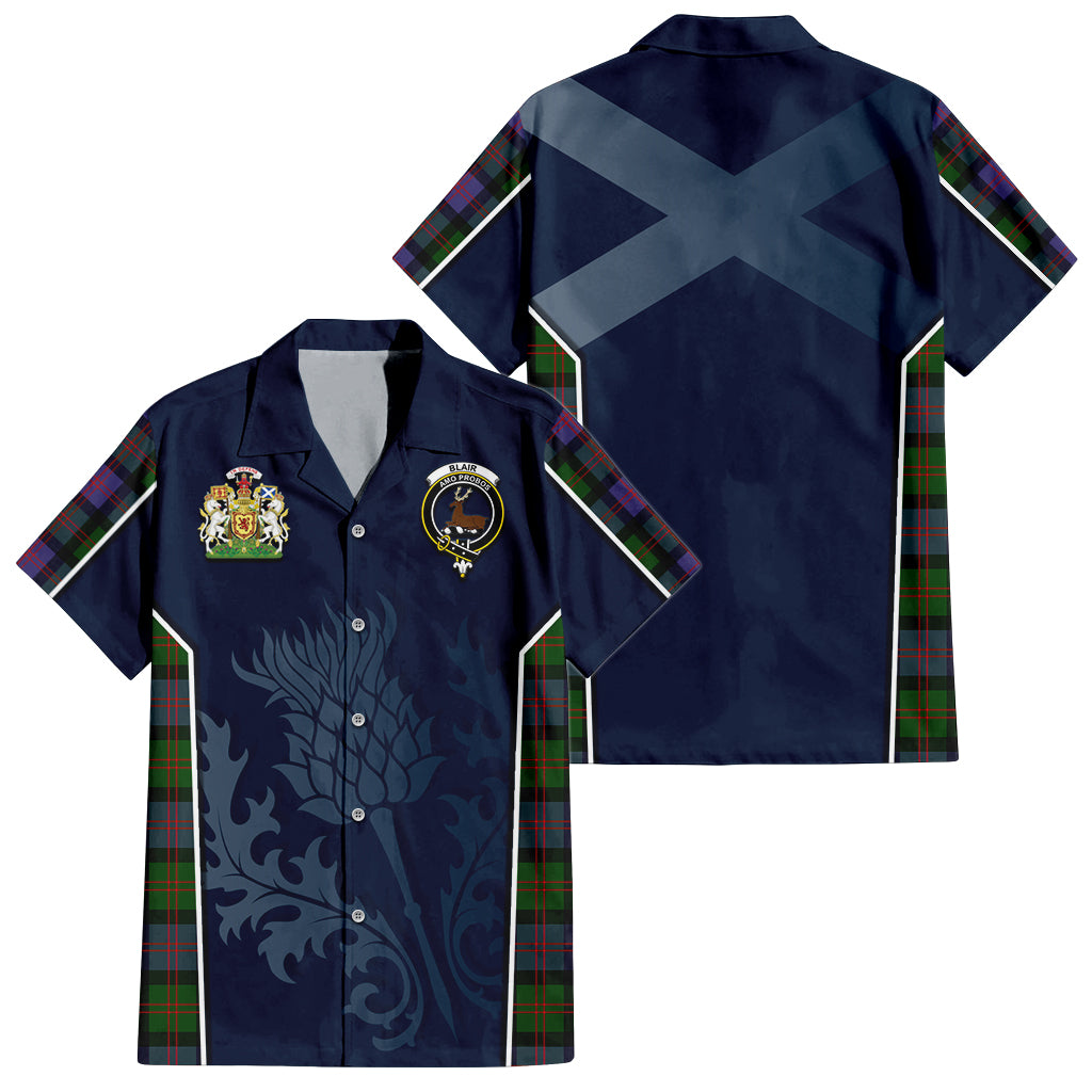 Tartan Vibes Clothing Blair Modern Tartan Short Sleeve Button Up Shirt with Family Crest and Scottish Thistle Vibes Sport Style