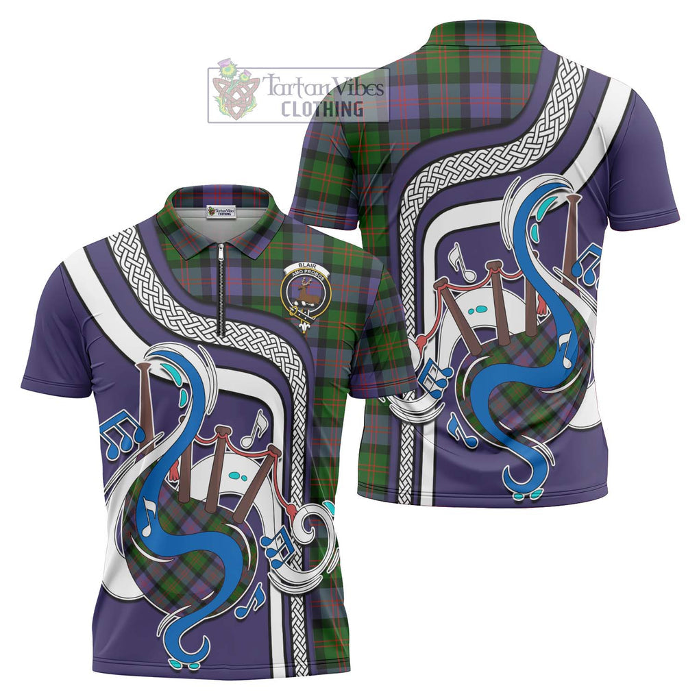 Blair Modern Tartan Zipper Polo Shirt with Epic Bagpipe Style Unisex - Tartanvibesclothing Shop