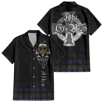 Blair Modern Tartan Short Sleeve Button Up Shirt Featuring Alba Gu Brath Family Crest Celtic Inspired