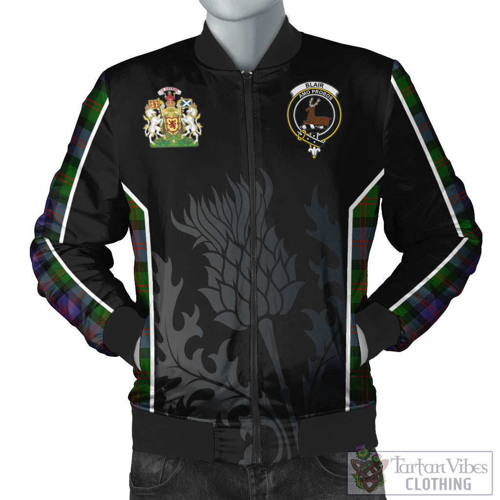 Tartan Vibes Clothing Blair Modern Tartan Bomber Jacket with Family Crest and Scottish Thistle Vibes Sport Style