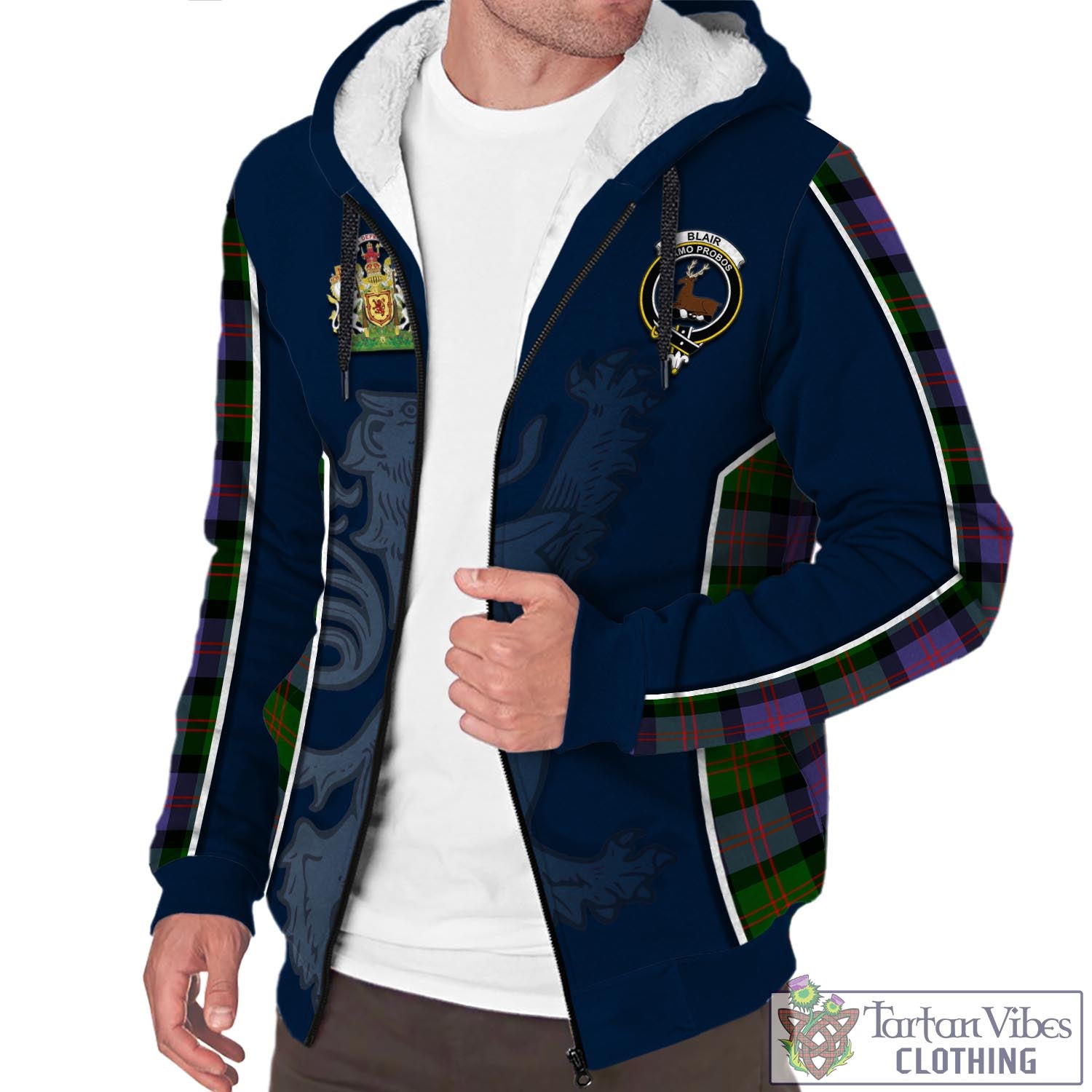 Tartan Vibes Clothing Blair Modern Tartan Sherpa Hoodie with Family Crest and Lion Rampant Vibes Sport Style