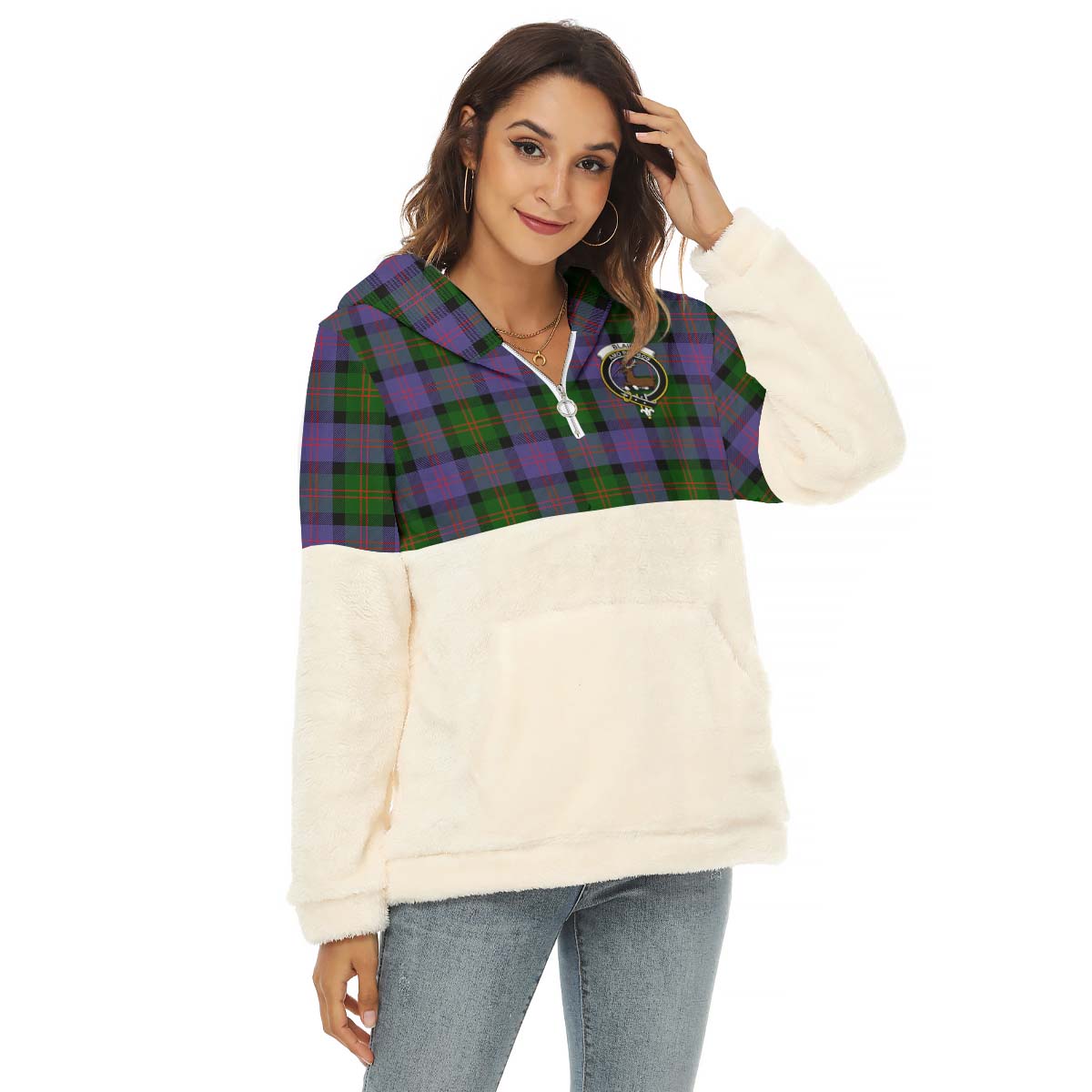 Blair Modern Tartan Women's Borg Fleece Hoodie With Half Zip with Family Crest Female - Tartanvibesclothing