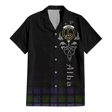 Blair Modern Tartan Short Sleeve Button Up Shirt Featuring Alba Gu Brath Family Crest Celtic Inspired